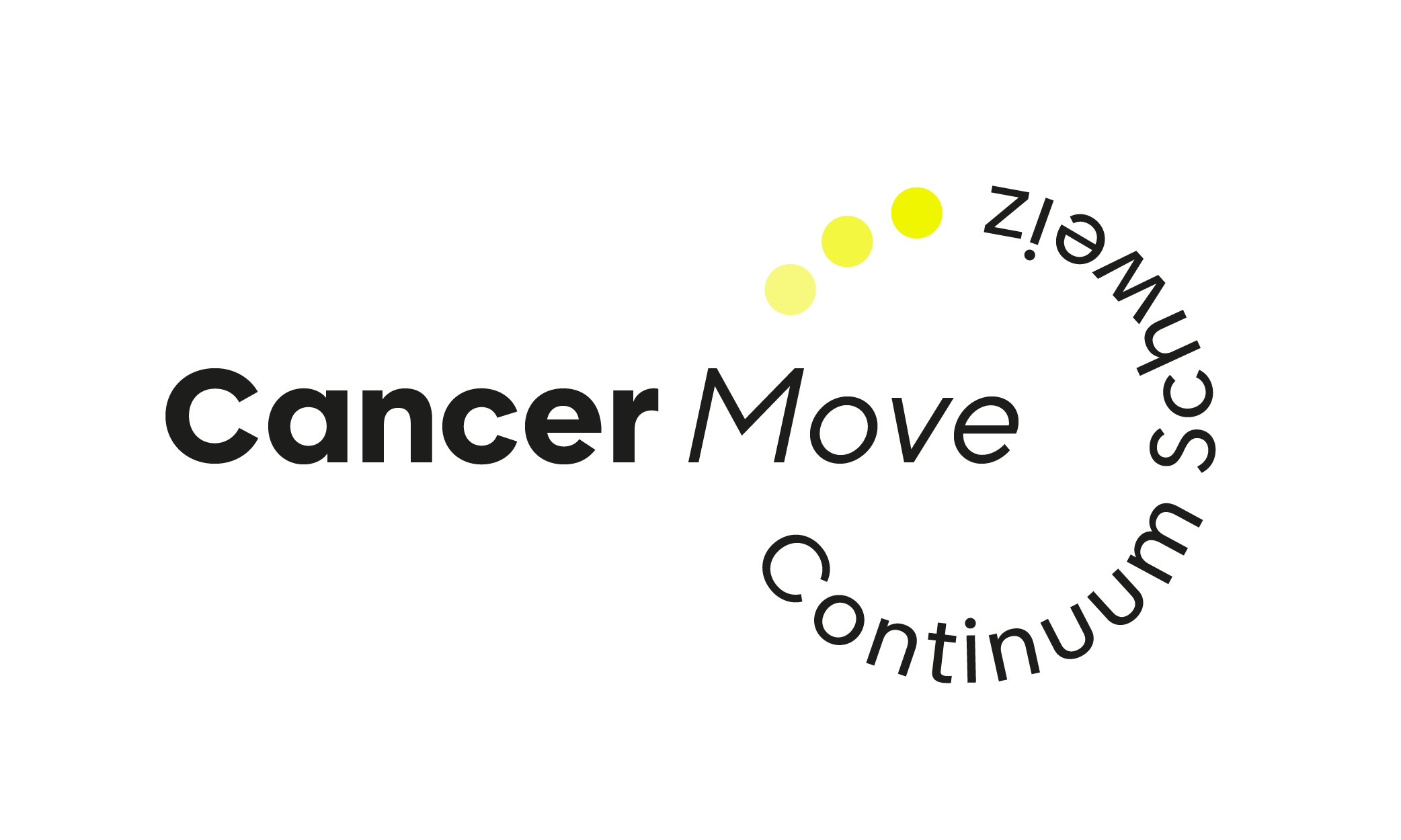 Logo mit schwarzem Hintergrund: Schriftzug „Cancer Move“, drei gelbe Punkte und kreisförmig angeordneter Text „continuum schwingt“.