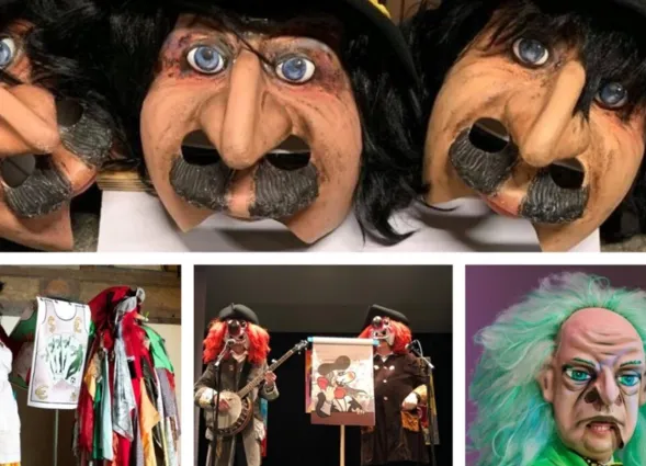 Masken mit großen Nasen und Augen, Puppen in bunten Kostümen, eine Aufführung mit Musikern in Kostümen, sowie eine grüne, maskierte Figur.