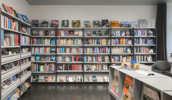 Regal mit einer Vielzahl von Büchern in unterschiedlichen Farben und Größen, darunter Sachbücher und Romane. Ein Tisch mit einer Namenskarte und einem kleinen Hut steht im Vordergrund, während im Hintergrund weitere Bücherregale sichtbar sind. Die Wänd...