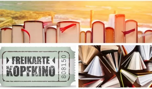 Filmstreifen mit drei Szenen: Fabrikschornsteine vor gelbem Himmel, „Freikarte KOPFKINO“ auf grünem Ticket und stapelnde Bücher mit aufgeschlagenen Seiten im Vordergrund.