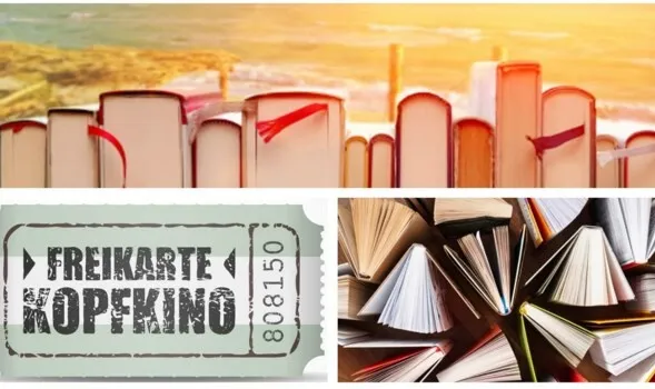 Filmstreifen mit drei Szenen: Fabrikschornsteine vor gelbem Himmel, „Freikarte KOPFKINO“ auf grünem Ticket und stapelnde Bücher mit aufgeschlagenen Seiten im Vordergrund.