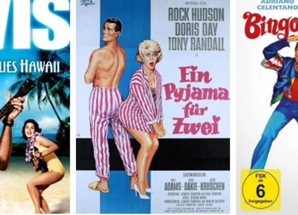 Drei Filmcover nebeneinander: „Elvis – Blaues Hawaii“, „Ein Pyjama für zwei“ und „Bingo Bongo“, jeweils mit Schauspielern, Filmtiteln und FSK-6-Siegel.