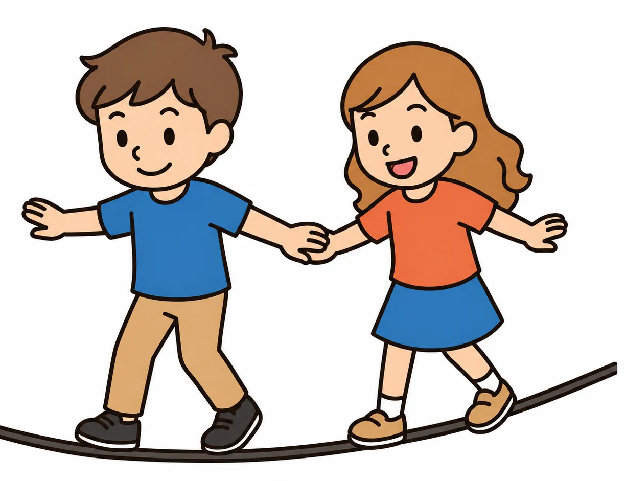Zwei Kinder mit Lächeln stehen auf einer Wippe oder einem Balancierbrett, Arme ausgestreckt, Junge in Blau, Mädchen in Orange und Blau, weißer Hintergrund.