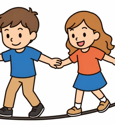 Zwei Kinder mit Lächeln stehen auf einer Wippe oder einem Balancierbrett, Arme ausgestreckt, Junge in Blau, Mädchen in Orange und Blau, weißer Hintergrund.