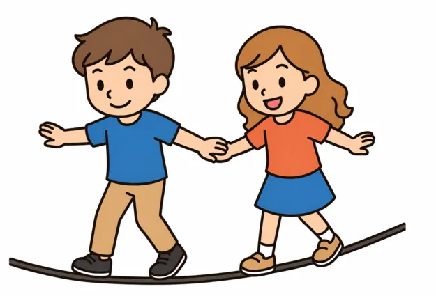 Zwei Kinder mit Lächeln stehen auf einer Wippe oder einem Balancierbrett, Arme ausgestreckt, Junge in Blau, Mädchen in Orange und Blau, weißer Hintergrund.