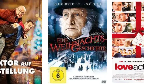Drei Filmcover: Links ein humorvolles Cover mit einem Mann, der einen älteren Herren auf dem Rücken trägt, in der Mitte ein Cover mit George C. Scott als Ebenezer Scrooge in einer winterlichen Szenerie, rechts ein Cover mit mehreren Gesichtern, umgeben...