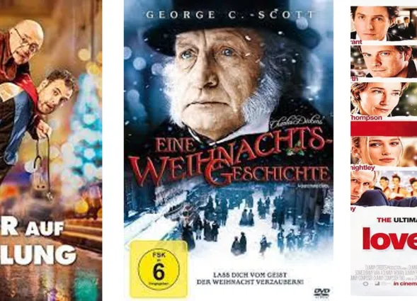 Drei Filmcover: Links ein humorvolles Cover mit einem Mann, der einen älteren Herren auf dem Rücken trägt, in der Mitte ein Cover mit George C. Scott als Ebenezer Scrooge in einer winterlichen Szenerie, rechts ein Cover mit mehreren Gesichtern, umgeben...