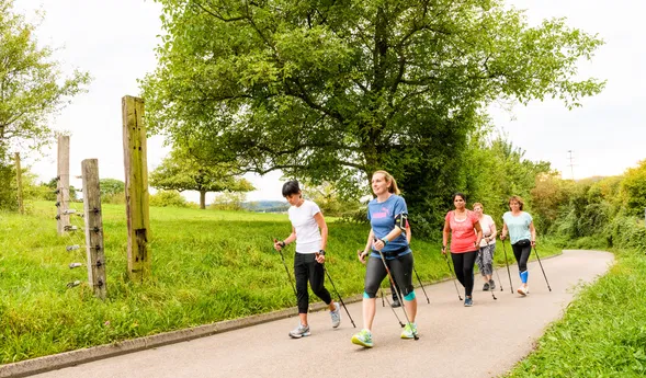 Fünf Personen beim Nordic Walking auf einem Weg durch eine grüne Landschaft.