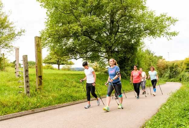 Fünf Personen beim Nordic Walking auf einem Weg durch eine grüne Landschaft.