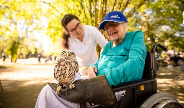 Seniorin im Rollstuhl mit Eule auf dem Schoß, begleitet von einer Frau in einem sonnigen Park.