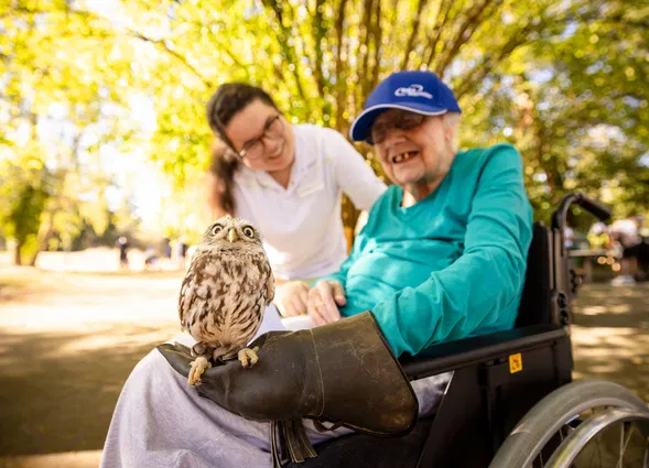 Seniorin im Rollstuhl mit Eule auf dem Schoß, begleitet von einer Frau in einem sonnigen Park.