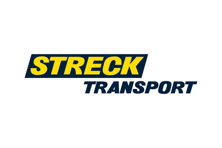 STRECK TRANSPORT Logo in gelber und blauer Schrift auf weißem Hintergrund.