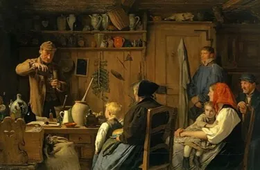 Innenraum einer Werkstatt mit mehreren Personen und Musikern; Frauen und Männer sitzen beisammen, im Vordergrund eine Person am Instrument, Werkbank und Schrank voller Utensilien und Figuren im Hintergrund.