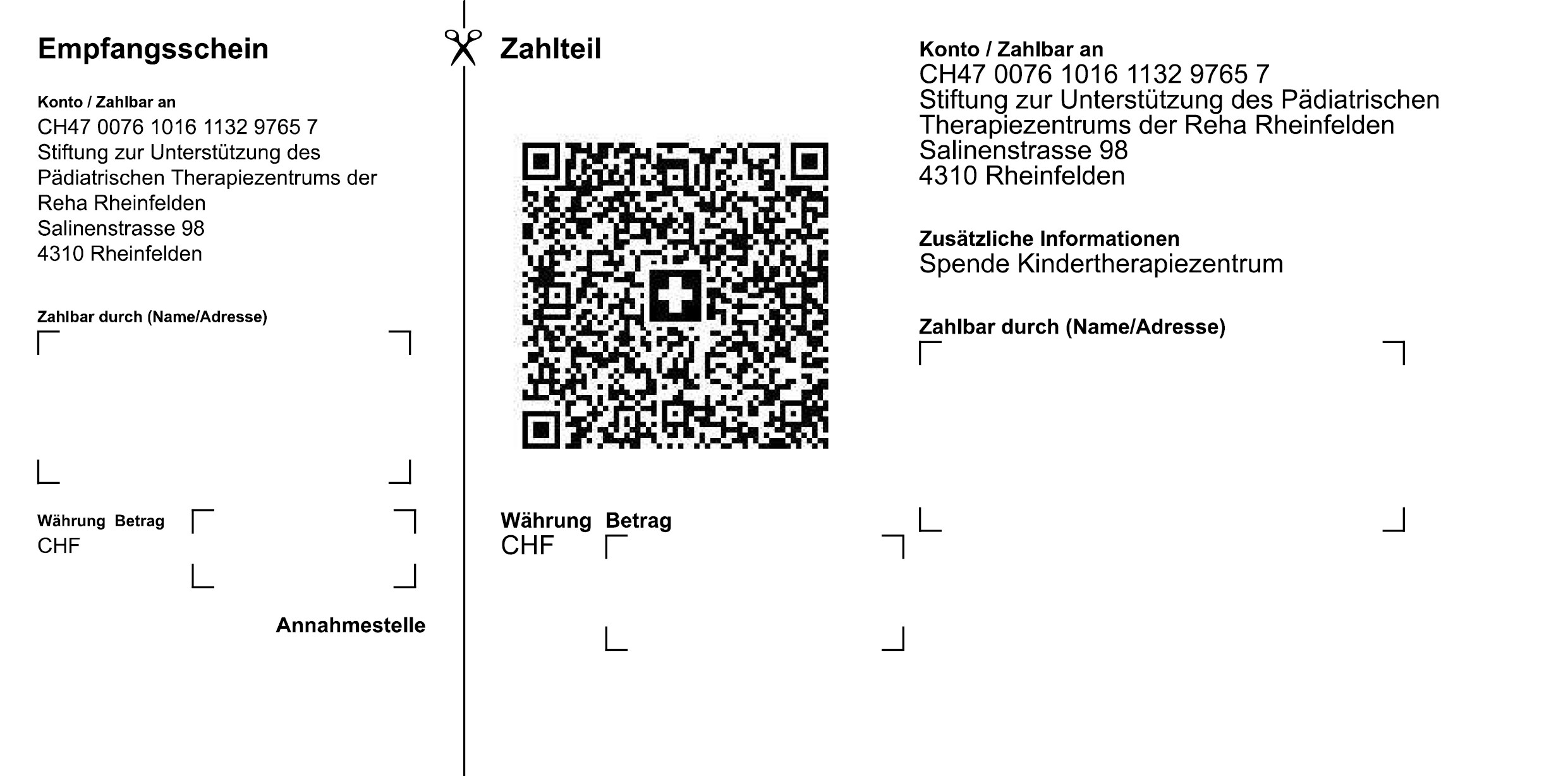 Empfangsschein mit Zahlungsdaten (CH77 0076 1016 1132 9765 7), Text zu Stiftungen und Spende Kindertherapiezentrum, sowie zentriertem QR‑Code.