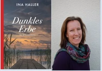 Buchcover „Dunkles Erbe“ mit Titel und Landschaftsmotiv bei Dämmerung sowie Porträt einer lächelnden Frau vor einer weißen Wand.
