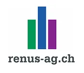 Logo mit drei vertikalen Balken in Grün, Blau und Lila sowie Text „renus-ag.ch“ darunter auf weißem Hintergrund