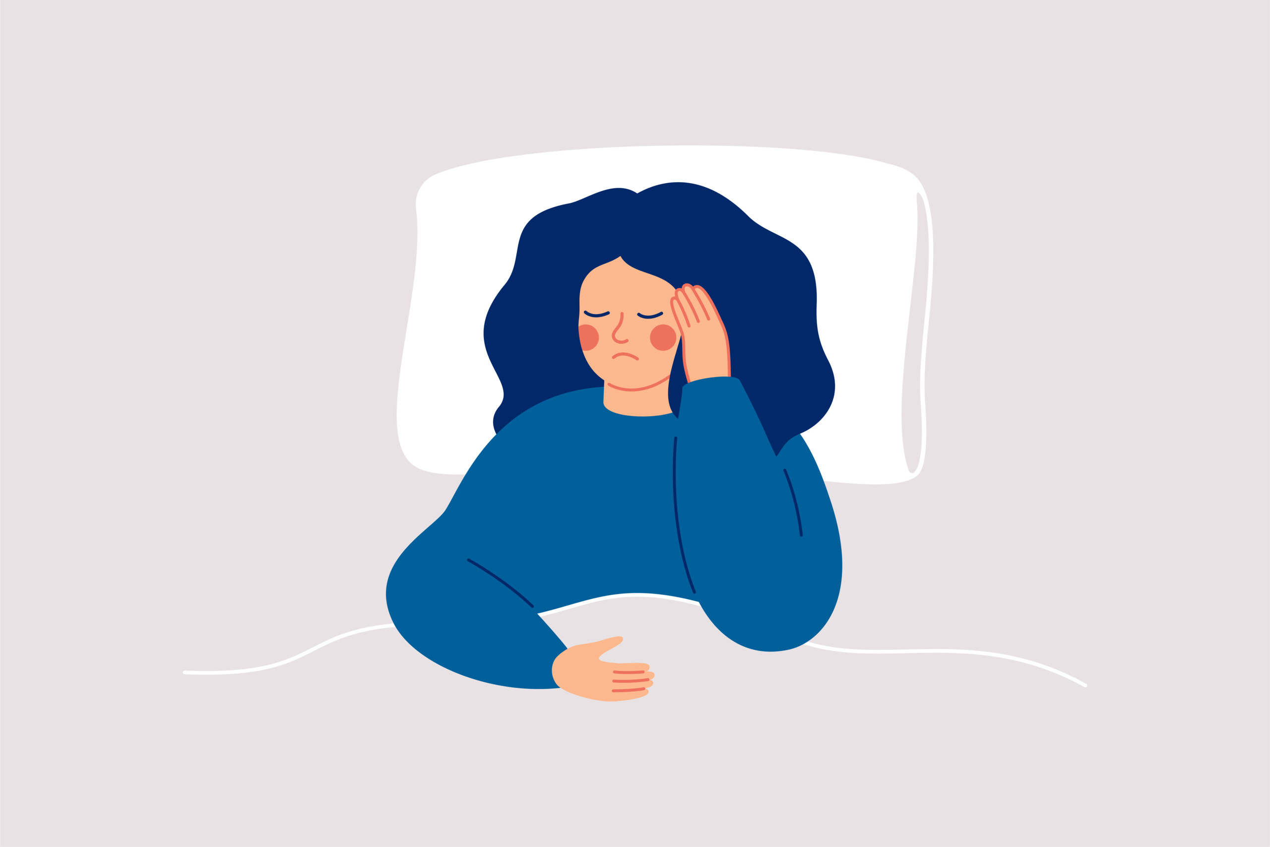 Girl suffers from insomnia and had difficulty falling asleep.Woman has headaches during sleep time. Sleepy female lying on bed and touching her temple. Insomnia and sleep disorder. Vector illustration