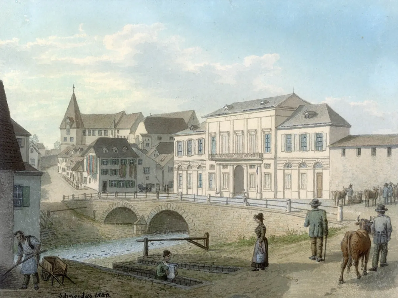 Stadtcasino anno 1860 mit dem offenen Birsig.