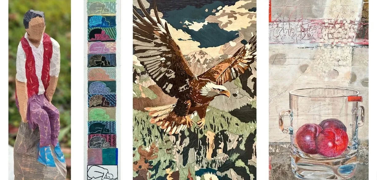 Bilder (Gouache, Ölkreide, Acryl, Mixed Media), Furnierbilder, Holzskulpturen