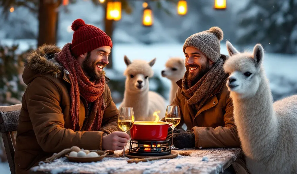 Fondue surrounded by alpacas