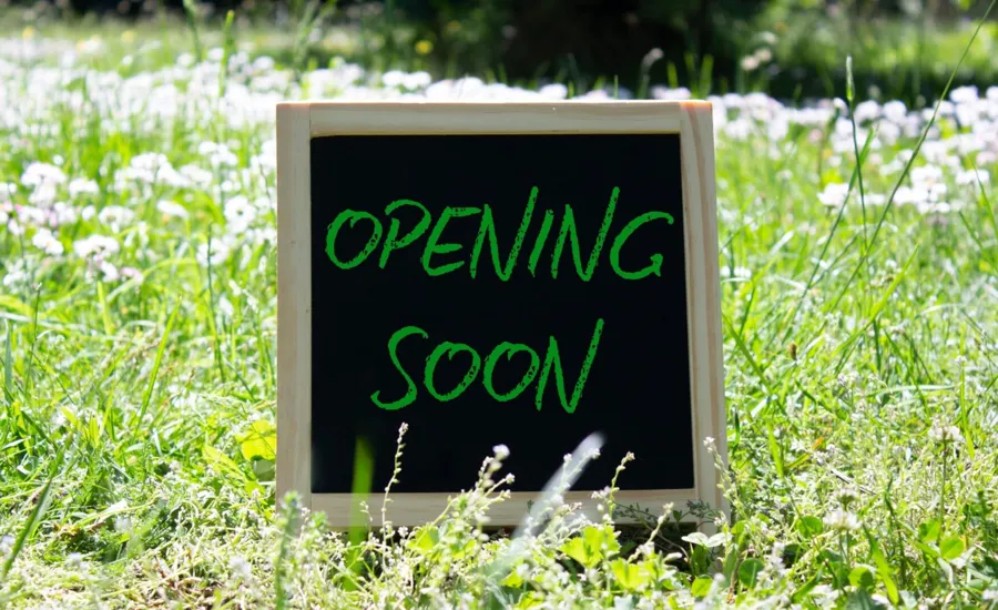Opening soon symbol. Concept word Opening soon on chalk blackboard. Beautiful meadow background. Business and Opening soon concept. Copy space.