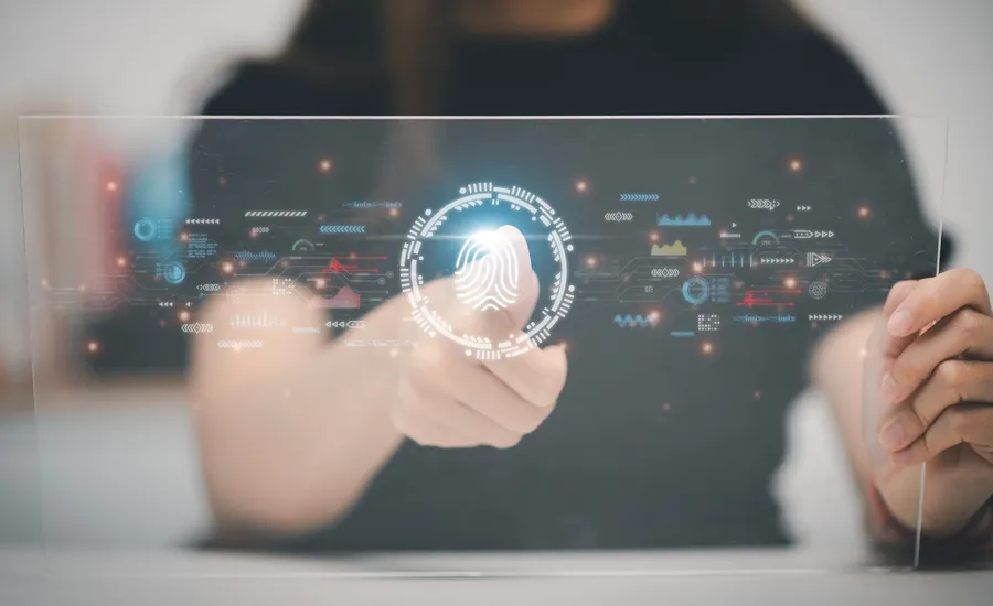 Fingerprint identification to access personal financial data. The idea for E-KYC electronic know your customer, biometrics security, innovation technology against digital cybercrime