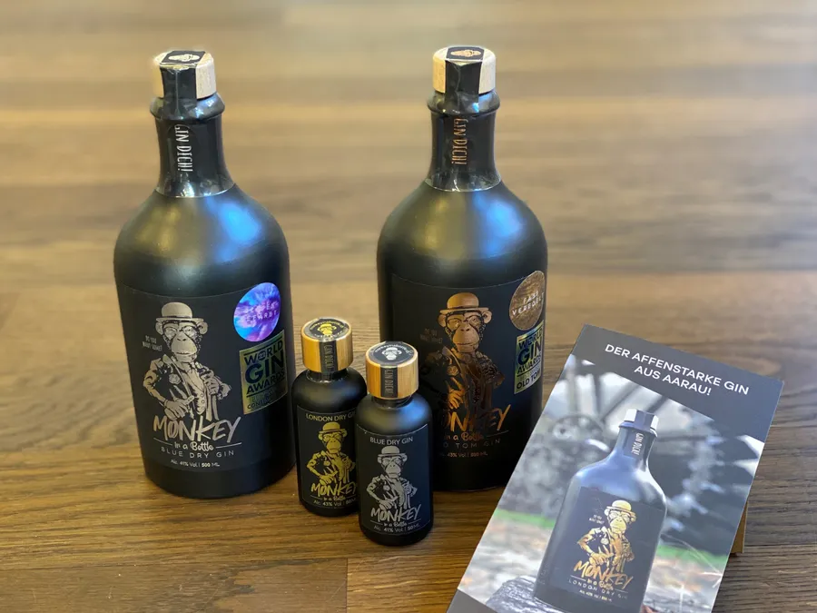 Das Sortiment an Gin von Monkey in a bottle ist gross. Das Sortiment an Gin von Monkey in a bottle ist gross.