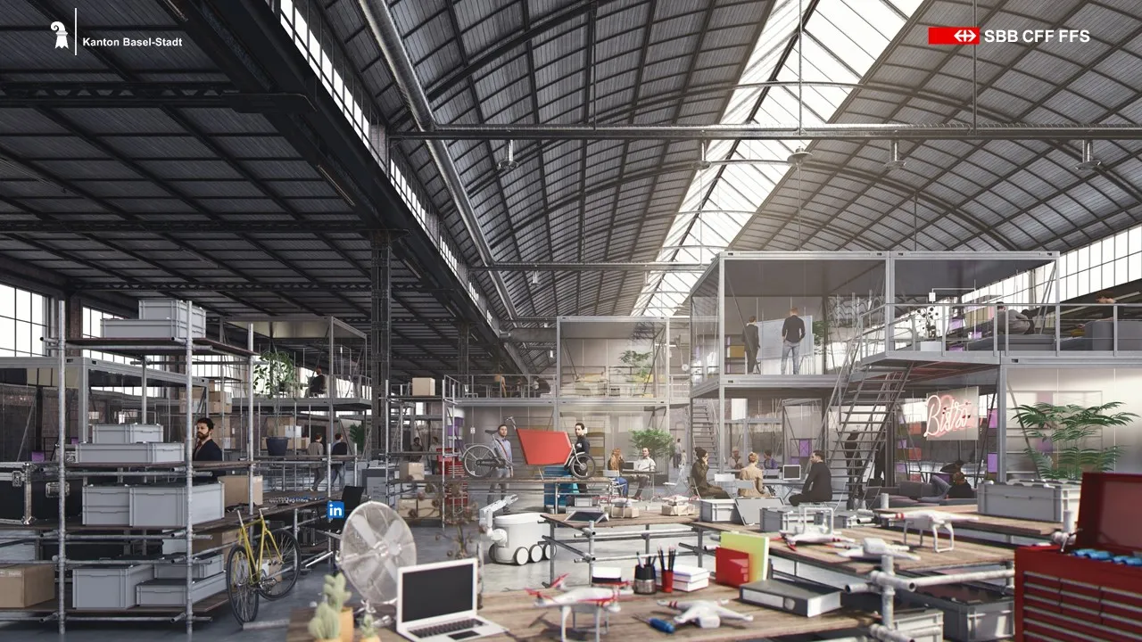 In den ehemaligen Güterhallen und auf den Aussenflächen tüfteln über 60 Partnerinnen und Partner aus Wirtschaft, Wissenschaft und Verwaltung an innovativen Projekten, die eine nachhaltige Stadtentwicklung fördern.
