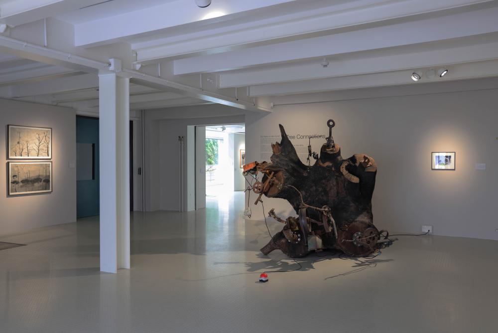 Exhibition view, Tree Connections, 2021. Jean Tinguely's L'Ours de Bursinel, 1990.