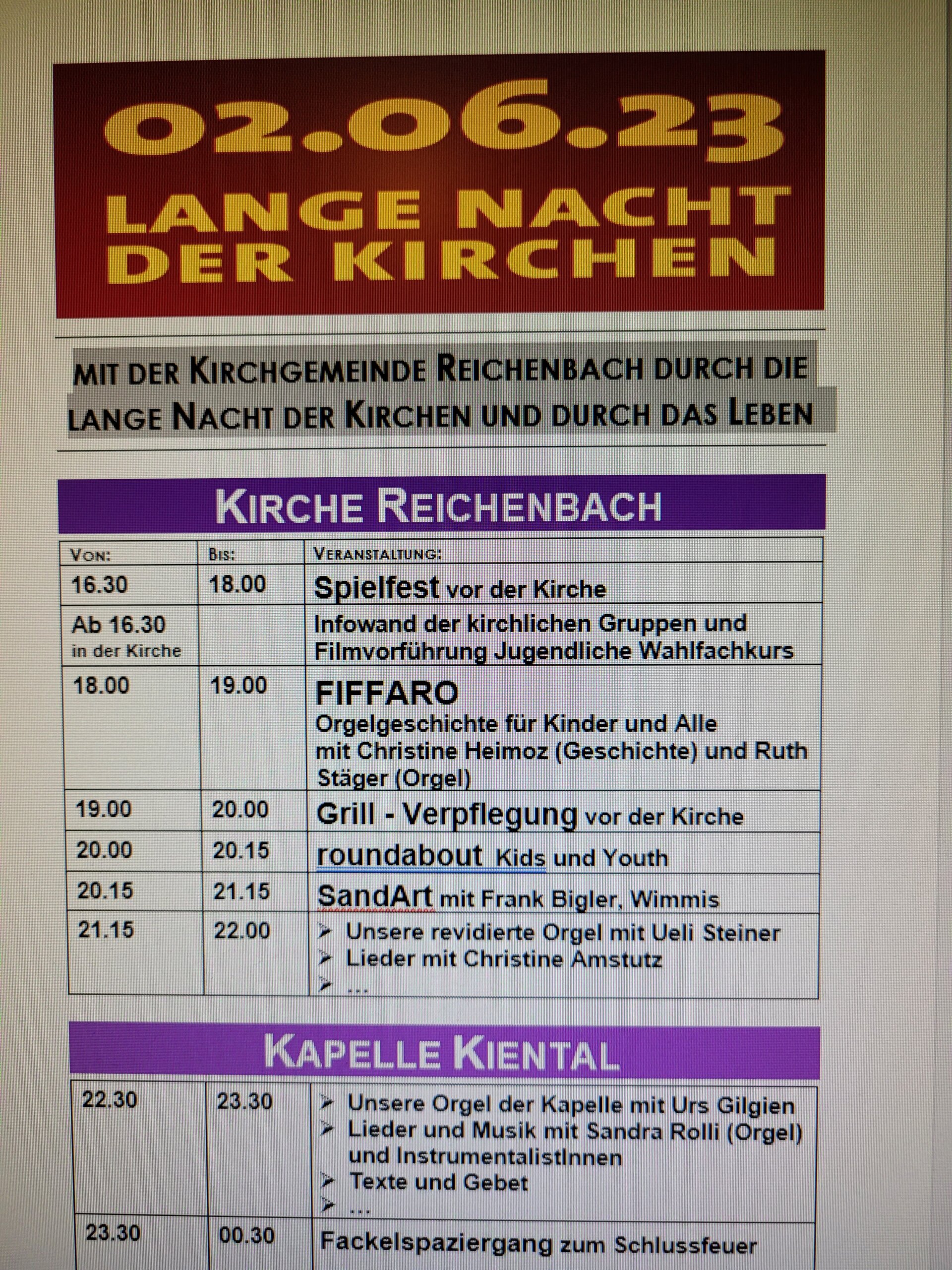 Lange Nacht der Kirchen in der Kirche Reichenbach und der Kapelle Kiental