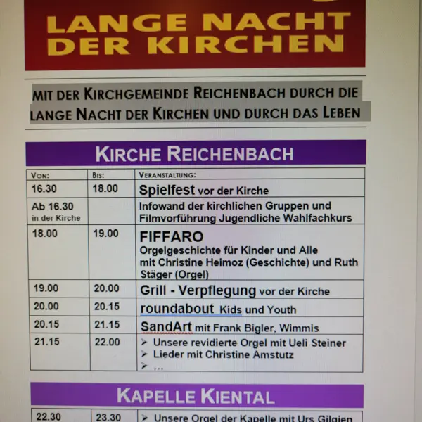 Lange Nacht der Kirchen in der Kirche Reichenbach und der Kapelle Kiental