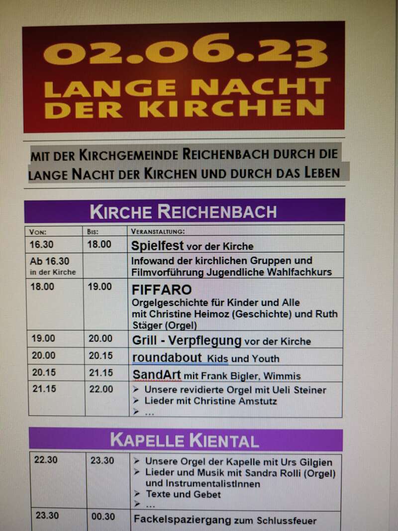 Lange Nacht der Kirchen in der Kirche Reichenbach und der Kapelle Kiental