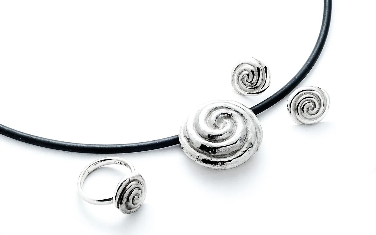Anhänger, Ohrstecker, Ring Spirale in Silber