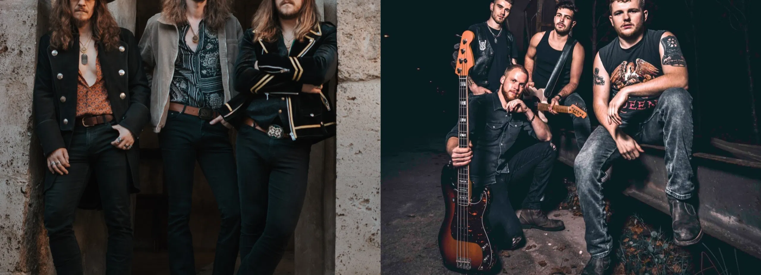 Zwei Rockbands im Porträt: links drei Musiker vor einem Hauseingang, rechts fünf Musiker mit E-Bass und Gitarren in nächtlicher Umgebung.
