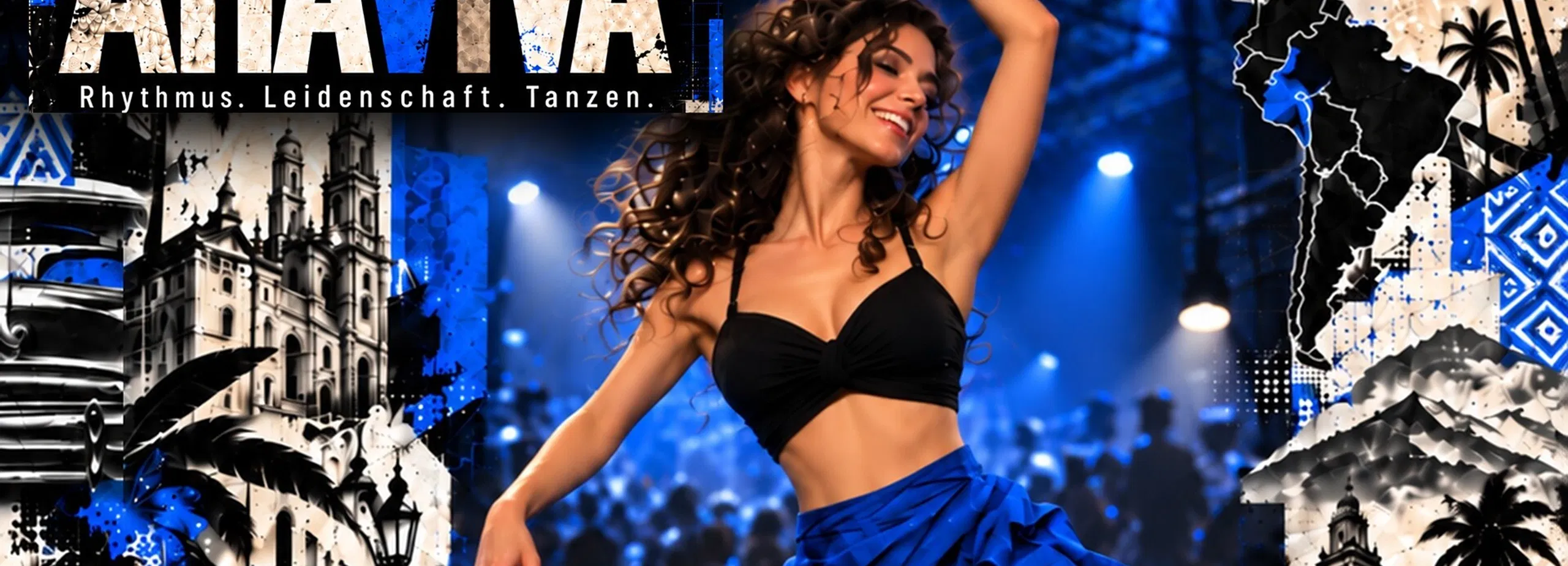 Tanzende Frau mit lockigem Haar, schwarzem Oberteil und voluminösem blauem Rock vor blau beleuchteter Partykulisse; grafische Collage mit Architektur, Palmen und dem Schriftzug „AHAVYA“.