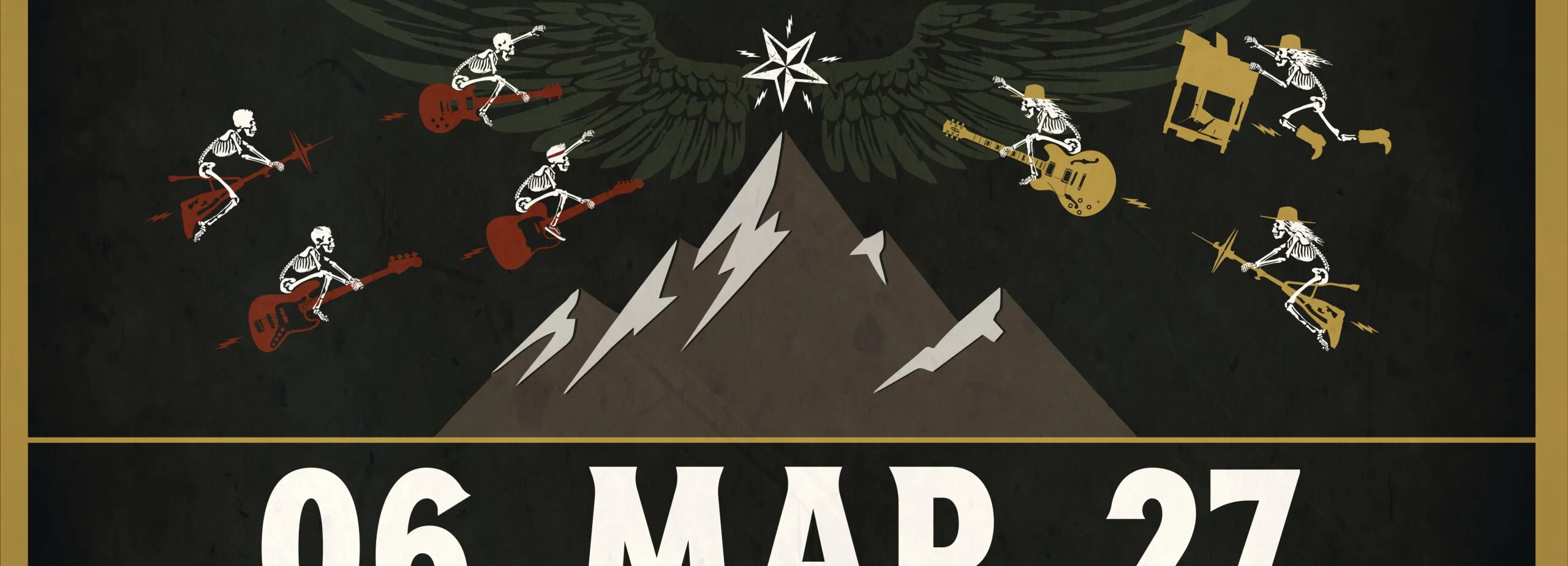 Konzertplakat für „Rock Out“ und Basement Saints: Friends Tour am 6. März 2027 in der AHA, Aarau, mit Berg-, Blitz- und Skelettmotiven.